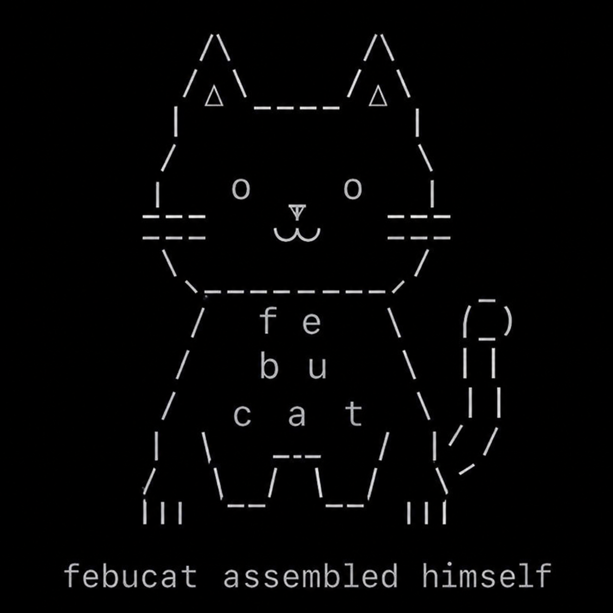 ASCII art of febucat, a cat drawn from dashes and slashes with the letters f-e-b-u-c-a-t inside its body, captioned febucat assembled himself